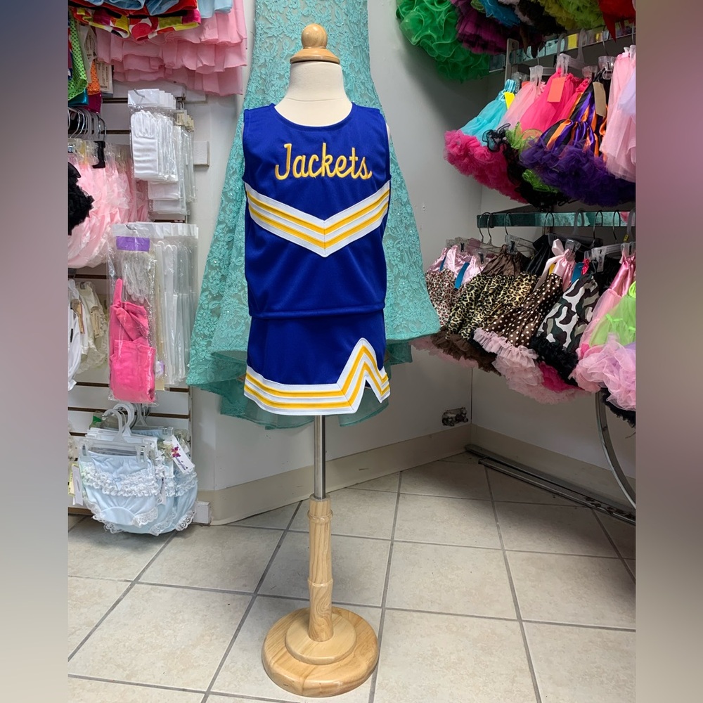 Child Size 4-8 Blue & Gold Jackets Logo Cheerleader Cheerleading Uniform Set NWT